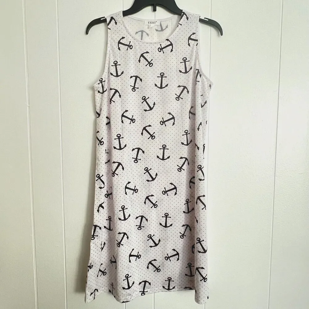 Exist White w/Red Polka Dot & Black Anchors Crew Neck Sleeveless Dress S NWOT - Picture 1 of 4